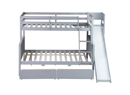 PVWIIK Twin Over Full Bunk Bed with Slide & 2 Drawers for Boys,Girls Bedroom,Rubber Wood Bed Frame W/Storage Shelves for Adult,Teenagers,No Box Spring Needed, Grey PVWIIK
