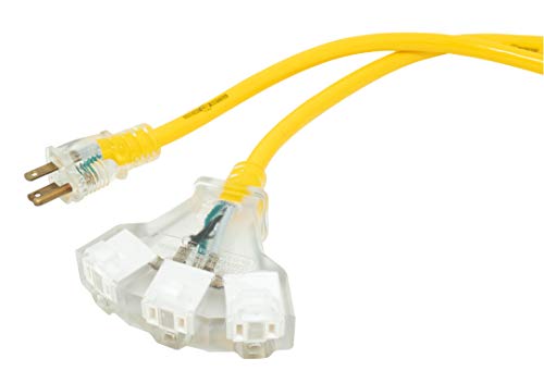 Yellow Jacket Heavy Duty Extension Cord, 50Ft, 12 Gauge, 3 Conductor, Lighted End, 3-Outlet, Weather Resistant, SJTW, Yellow, 2827 Yellow Jacket