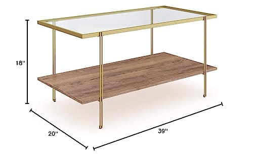 Nathan James Asher Mid-Century Rectangle Coffee Table Glass Top and Rustic Oak Storage Shelf with Sleek Brass Metal Legs, Gold Nathan James
