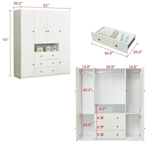 VivaVista Wooden Armoire Wardrobe Closet, 74" H Wardrobe Closet Cabinet with 4 Doors, White Bedroom Closet Wardrobe with Drawers & Shelves VivaVista