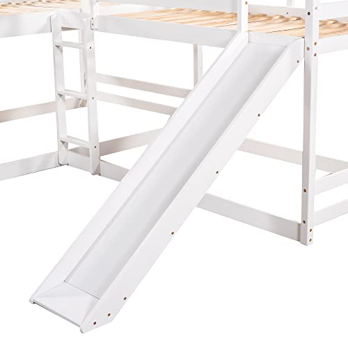 Quad Bunk Bed with Slide, Full and Twin Size L-Shaped Bunk Bed Frame Compatible with 4, Bunk Bed with Ladders Compatible with Teens Adults (White) Bedroom Bed Frame, WoodArtSupply