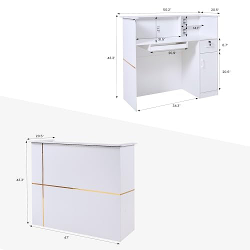 50" Reception Desk – Modern Front Desk with Lockable Drawer, Keyboard Tray, Storage Cabinet, Built-in Power Outlet, LED Lights & DIY Stripe – Ideal for Lobbies, Salons & Retail LayBurst
