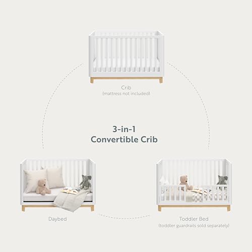 Storkcraft Santos 3-in-1 Convertible Crib (White with Natural) – GREENGUARD Gold Certified, Fits Standard Crib Mattress, Converts to Toddler Bed, Storkcraft