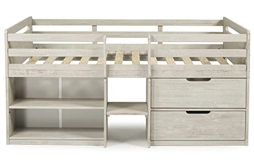 Donco Kids Twin Low Loft Bed with Bookcase and Storage Chest, Twin, Rustic Light Grey Donco Kids