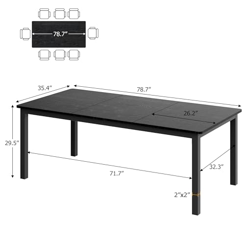 dainslef 79 Inch Industrial Dining Table, Large Rectangle Kitchen Table with Metal Legs, Round Corners, Wooden Conference Tables Writing Desk for Dining Room, Living Room, Classic Black dainslef