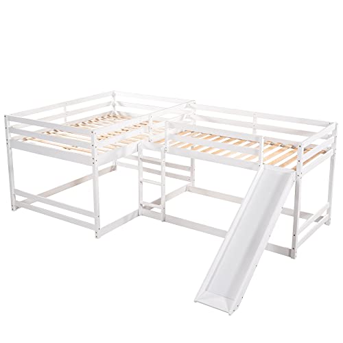Merax Full and Twin Size L-Shaped Bunk Bed with Slide and Short Ladder,White Merax