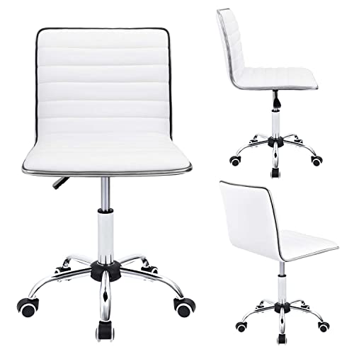 Furmax Vanity Office Desk Chair with Wheels, Armless Small Cute Leather Makeup Computer Task Chair Adjustable Height 360° Swivel (White) Furmax