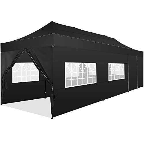 COBIZI 10x30 Pop Up Canopy with 8 Sidewall,Heavy Duty UPF 50+ All Season Wind Waterproof Commercial Outdoor Wedding Party Tents for Parties Canopy Gazebo with Roller Bag(10 x 30 ft Black) COBIZI