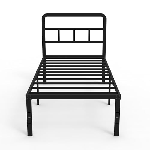 DiaOutro Twin Bed Frames with Headboard 18 Inch, Metal Platform No Box Spring Needed Heavy Duty Steel Slat Mattress Foundation/Easy Assembly/Noise Free/Black DiaOutro