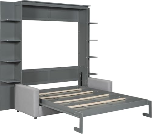 Queen Murphy Bed with Couch and Storage Shelves,Wood Murphy Wall Bed Cabinet with Storage Shelves and Sofa,Folding(Grey) Virubi