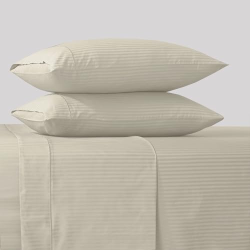 Feather & Stitch 500 TC King Size Damask Bed Sheet Set, 100% Cotton Soft Breathable Bedsheets, 4 Piece 18" Deep Pockets Sateen Weave Striped Bedding Mattress Resort Hotel Luxury- (Beige Stripe)