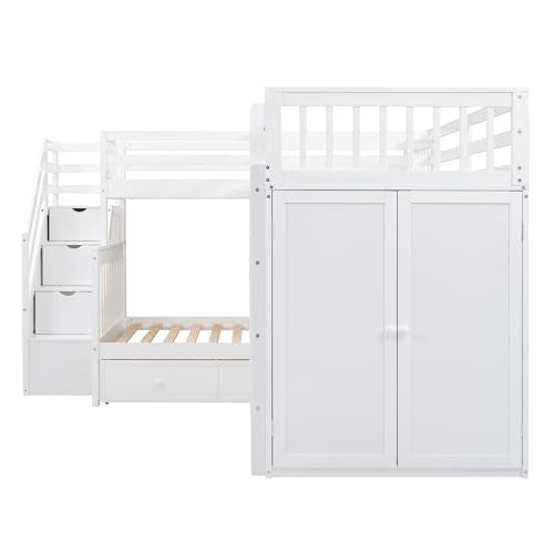 Merax L-Shaped Triple Bunk Bed with Desk & Stairs, Twin & Twin Over Full Bunk Bed for 3, Storage Drawers and Wardrobe Included, for Adults, Boys & Girls, White Merax