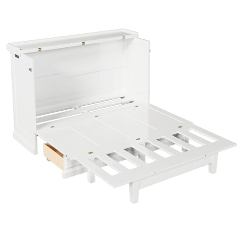 PVWIIK Queen Murphy Bed with Drawer & Charging Station for Home Office or Small Room,Solid Pine Chest Cube Cabinet Bed w/Slats Support for Girls/Boys,Modern Style & Space Saving Design,White PVWIIK
