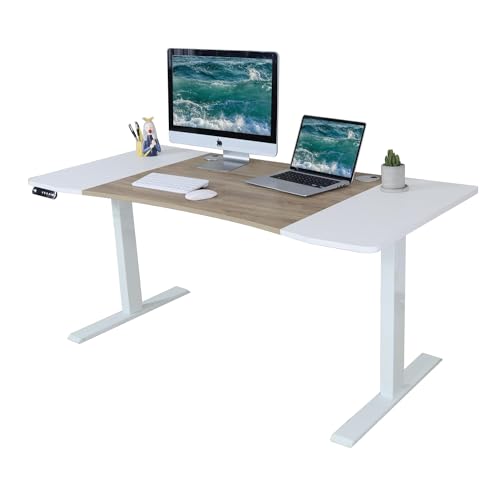 Sileye Electric Sit Dual Motor Height Adjustable, Memory Stand Up Desk with Drawer, Ideal for Daily Use at Home Office, Bedroom, 63x30 Inch, White and Oak Sileye