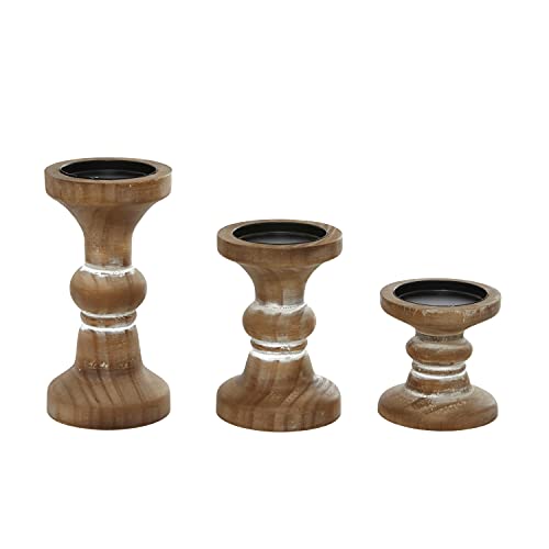 Deco 79 Wood Decorative Candle Holder Beaded Pillar Candle Stand, Set of 3 Candlestick Holder 4", 6", 8"H, Brown Deco 79