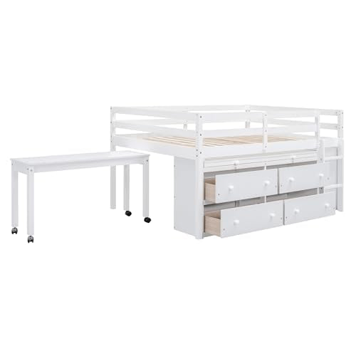Low Loft Bed with Desk and Storage, Full Size Kids Loft Bed Frame with 4 Drawers and Rolling Portable Desk for Children and Teens, Boys, Girls, White Bellemave