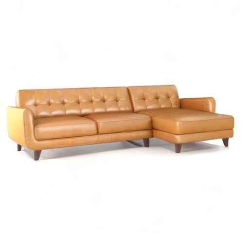 ASHCROFT Elva Mid Century L-Shaped Genuine Leather Right Facing Chaise Sectional, Light Brown Tufted Tight Back Sectional Sofa for Living Room Waiting Area Office Apartment Dorm Home, Tan ASHCROFT