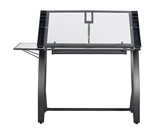 SD STUDIO DESIGNS Futura Luxe Drawing, Drafting, Craft Table with Drawer, 35" Wide Angle Adjustable Top and Side Shelf, Pewter Grey/Clear Glass SD STUDIO DESIGNS