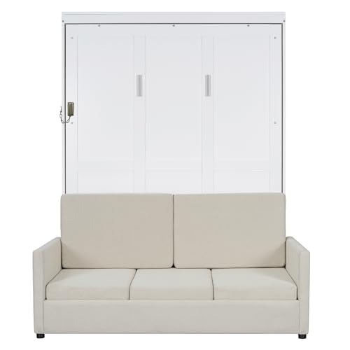 P PURLOVE Full Wood Murphy Bed with Sofa, Wall Bed Without Slats, No Box Spring Needed (White) P PURLOVE