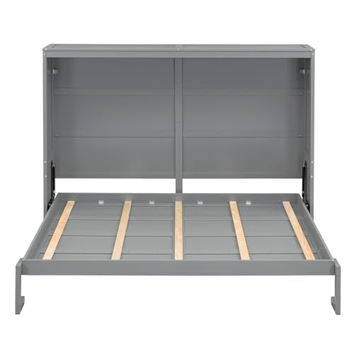 MERITLINE Queen Horizontal Murphy Chest Bed,Wood Folding Grey Murphy Chest Bed Cabinet for Adults No Box Spring Needed MERITLINE