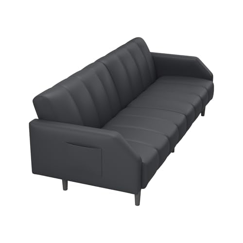 COPIAE Faux Leather Sofa Bed, 78“ Futon Sofa Bed, Adjustable Futon Set Backrest, Sleeper Sofa Couch, Modern Decor Love Seat Couches, Upholstered Couch for Living Room, Bedroom, Dark Gray COPIAE