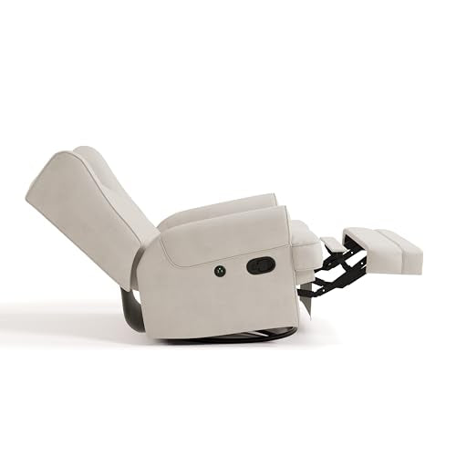 Storkcraft Serenity Glider Recliner Nursery Chair with USB Charging Port (Ivory) – Premium Upholstered Nursery Glider Recliner with Manual Recline Function, Dual USB Charging Storkcraft