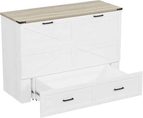 MERITLINE Queen Farmhouse Murphy Chest Bed with Storage Drawers and Charging Station, Wood Folding Hideaway Rustic Murphy Bed Cabinet with Storage for Adults,Space Saving (White)