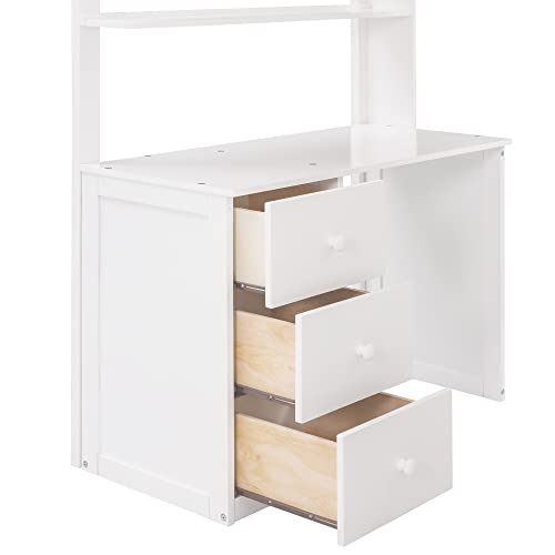 Ball & Cast Twin Size Loft Bed with Storage 3 Drawers and Wardrobe,Wood Bedframe w/Full-Length Guard Rail & Desk,Slat Support,Space Saving,Bedroom Furniture for Student Dorms,Studio,White Ball & Cast
