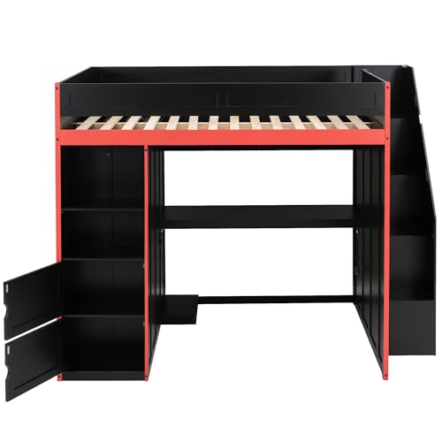 SOFTSEA Full Size Gaming Loft Bed with Desk & Storage Stairs, Solid Wood Loft Bed with LED Lights, Wardrobe and Shelves, Space-Saving Gaming Bed for Kids Teens Adults, Black + Red SOFTSEA