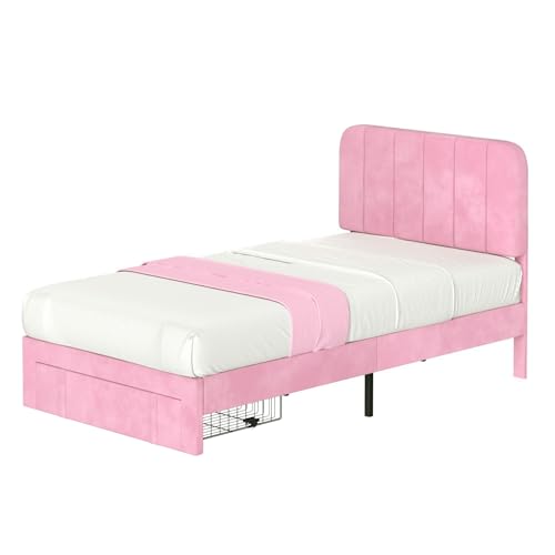 VECELO Twin Size Upholstered Bed Frame with 4 Drawers and Headboard, Velvet Platform Storage Bedframe, Wooden Slats Support, No Box Spring Needed,Pink VECELO