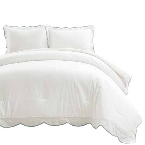 Lush Decor Coastal Chic Scalloped Edge Comforter Set, 3 Piece Set Full/Queen, Blue & White - Queen Bedding Set - White Comforter - Coastal Decor Lush Decor