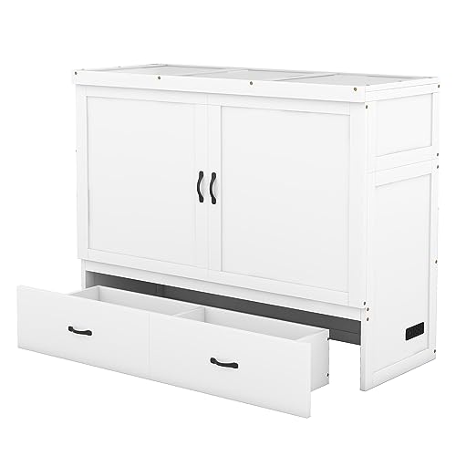 JULYFOX Murphy Bed Chest Queen Size, Hard Wood Platform Bed with Headboard Storage Drawers Underneath No Box Spring Needed 500 lbs Heavy Duty for Small Spaces(Queen,White) JULYFOX