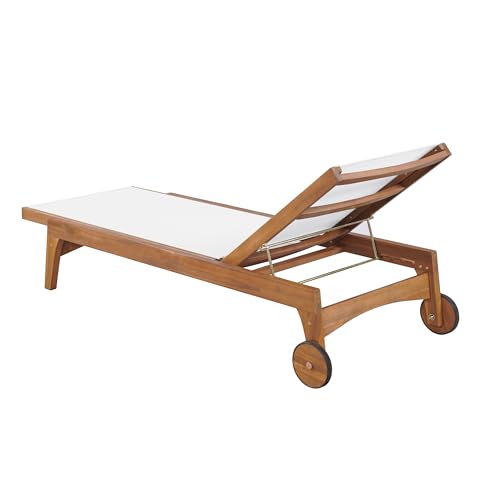 Christopher Knight Home Tristy Chaise Lounge Chair Outdoor, Acacia Wood Frame Sunbathing Pool Lounger, Adjustable Backrest Single Lounge Sofa, Patio Lounge Chaise for Poolside, White + Natural
