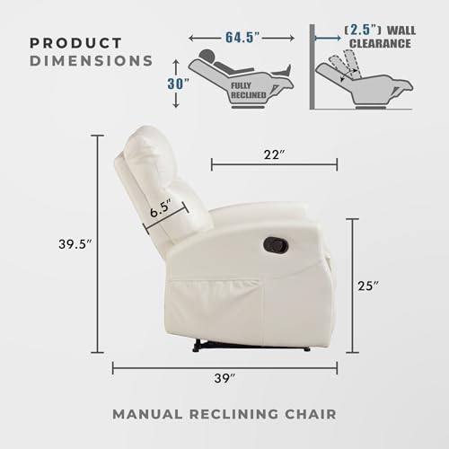 Lexicon Manual Recliner Chair, Wall Hugger Reclining Chair, Faux Leather Nursery Recliner, Tab Pull Reclining, Magazine Pocket, for Living Room/Theater Seating/Apartment, Easy Assembly, Beige