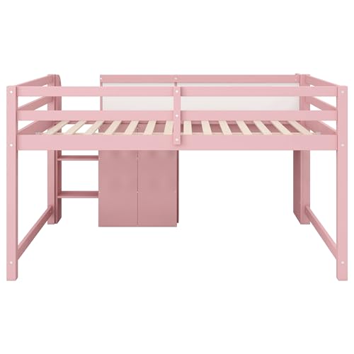 SOFTSEA Full Size Low Loft Bed with Desk & Storage, Solid Wood Pink Loft Bed with Drop-Down Cabinets, Open Shelves & Whiteboard for Kids Juniors Boys Girls, Pink SOFTSEA