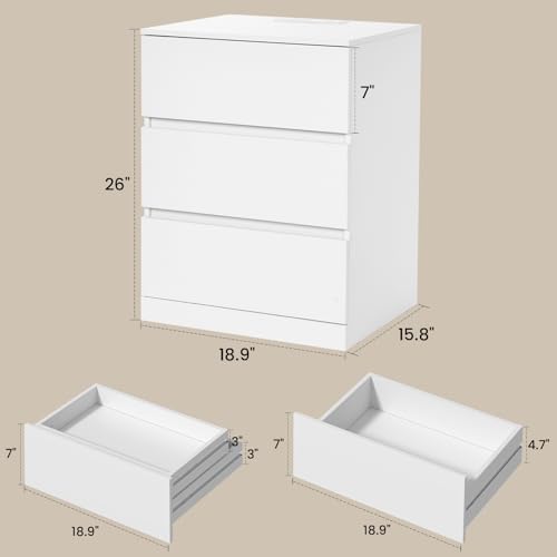 Draelibor Nightstand, 4 Drawers, 26" H with Hidden Drawer, Bedside Table with Charging Station, Modern Night Stand for Bedroom, White Draelibor