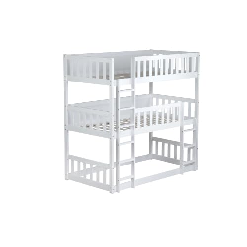 PVWIIK Twin Over Twin Over Twin Wood Bunkbeds with Ladder & Guardrails, Triple Bunk Bed w/Detachable Bunk Bed for Dorm, Bedroom,Guest Room,No Box Spring Needed,Easy Assembly, White PVWIIK