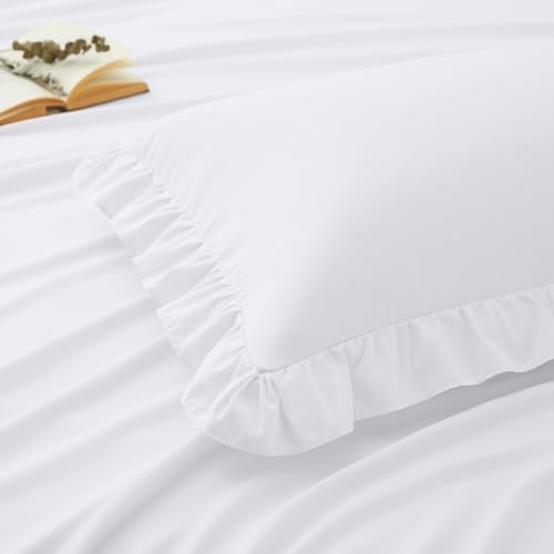 Yvrcen 4 Pieces Ruffle Full Sheet Set, White Bed Sheets Full Size, Microfiber Coquette White Sheets with 16 Inch Deep Pocket Fitted Sheet, 1 Ruffled Flat Sheet & 2 Ruffled Pillow Shams Yvrcen