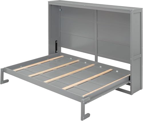 MERITLINE Queen Horizontal Murphy Bed,Wood Space-Saving Folding Farmhouse Murphy Bed Cabinet for Adults,No Box Spring Needed (Queen,Grey) MERITLINE