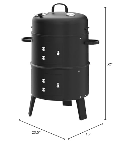 Giantex 3-in-1 Outdoor Smoker Grill, Portable Charcoal BBQ Grill with Smoker Combo, Built-in Thermometer and Air Vent, 6 Hooks, 2 Layers Vertical Steel Charcoal Smoker for Outdoor Cooking Camping Giantex
