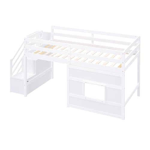 Bellemave Low Loft Bed with Stairs, Twin Size Storage Loft Bed Frame with Staircase and Window, Wood Kids Loft Bed with Steps for Boys Girls Teens, White Bellemave
