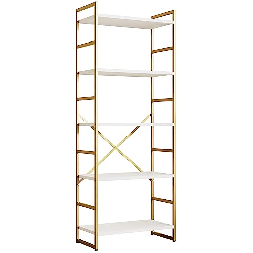 Shintenchi 5 Tiers Bookshelf, Classically Tall Bookcase Shelf,Industrial Book Rack,Modern Book Holder in Bedroom/Living Room/Home/Office, Storage Rack Shelves for Books/Movies,Gold Shintenchi