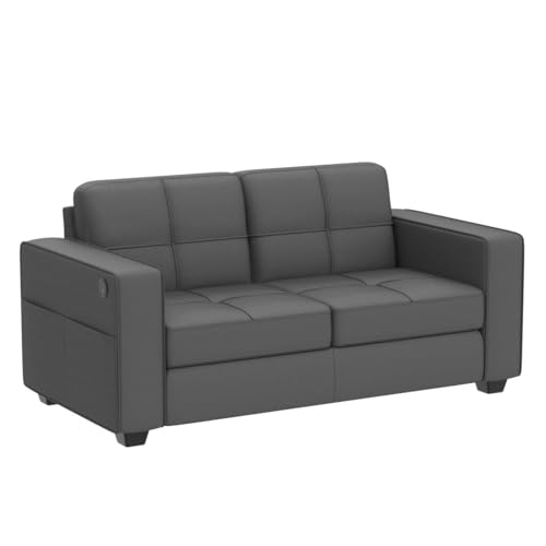 TYBOATLE 65" W Morden Linen Fabric Sofa Couch w/ 2 USB Charging Ports and Wide Arms, Mid-Century Comfy Upholstered Loveseat Couches for Living Room, Bedroom, Office, Easy Assembly (Dark Grey) TYBOATLE