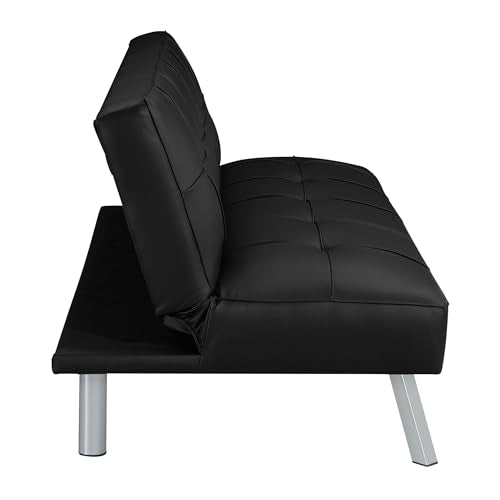 OSP Home Furnishings Kenneth Modern Button Tufted Convertible Click-Clack Futon Sofa Bed, Black Faux Leather with Chrome Legs OSP Home Furnishings