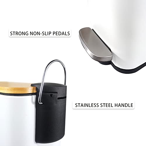 SIDIANBAN Bathroom Trash Can with Bamboo Lid Soft Close and Foot Pedal, Small Rectangular Slim Garbage Can with Inner Wastebasket for Bedroom, Office, Kitchen, 1.3Gal/5L, White SIDIANBAN