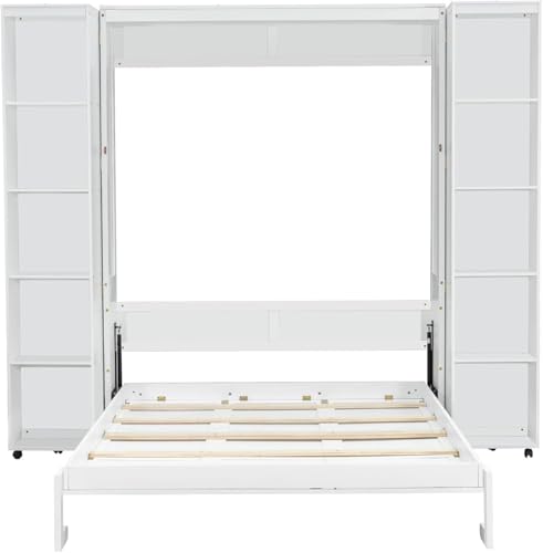 MERITLINE Queen Murphy Bed Cabinet with Storage Bookshelf Bookcase, Wood Hidden Foldable White Murphy Wall Bed with Storage Shelves for Adults MERITLINE
