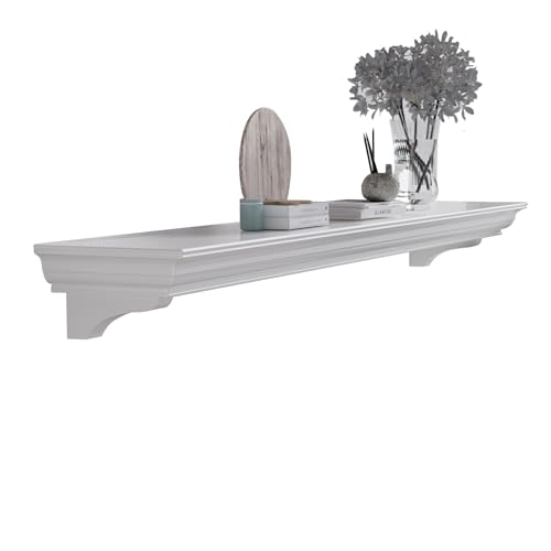 Fireplace Mantel with Invisible Heavy Duty Wood Bracket, Wall Mount Handcrafted Hollow Floating Mantel Shelf for Electric or Traditional Fireplace, Rustic Farmhouse Modern Style (60 Inch, White) ZELAZA