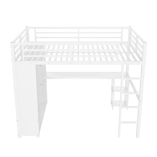 Bellemave Queen Size Loft Bed with Desk, Wardrobe, Metal Queen Loft Bed Frame for Adults, Kids, Teens, White Bellemave