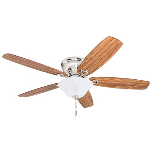 Honeywell Ceiling Fans Glen Alden, 52 Inch Classic Flush Mount Indoor LED Ceiling Fan with Light, Pull Chain, Quick-2-Hang Dual Finish Blades, Reversible Motor - 50519-01 (Brushed Nickel) Honeywell Ceiling Fans