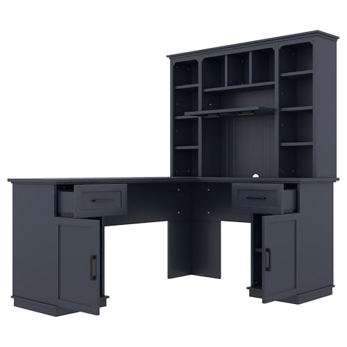 Hlcodca L Shaped Computer Desk with Drawers, Bookshelf & Hutch, Modern Corner Home Office Desk, L-Shaped Study Table Writing Corner Gaming Computer Desk with Storage (Antique Blue) Hlcodca